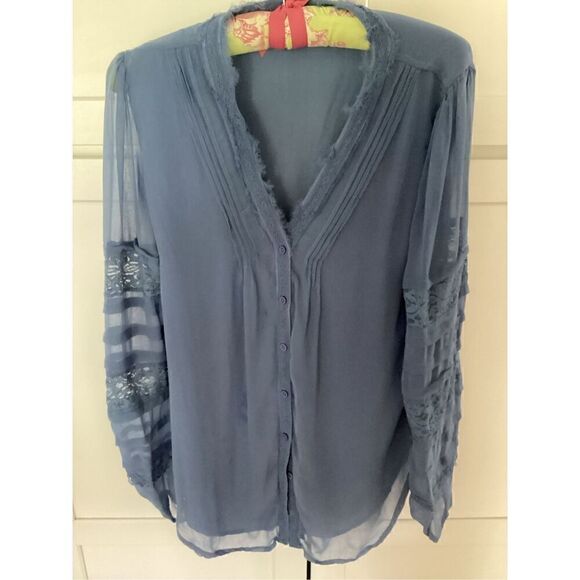 Sundance Mellow Days Silk Chiffon Blouse Top Sz XS Button Up V Neck Blue - Picture 1 of 9